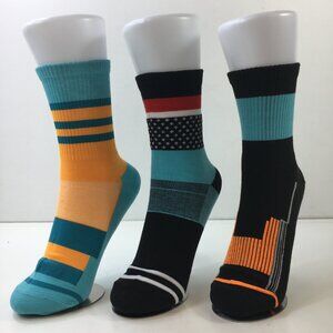 Unisex Crew Socks Set 3 Stripes Geometric Colorblock Black Blue Orange White